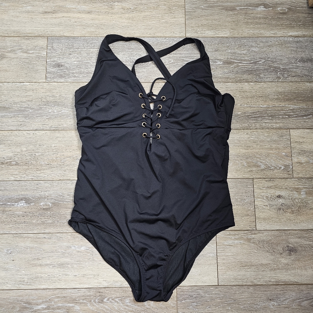 City Chic Black Lace-Up One-Piece Swimsuit